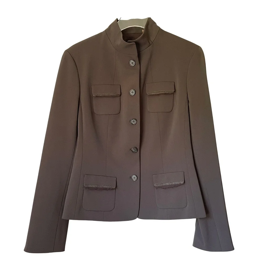 Tahari Blazer Jacket Womens 14 Brown Good Mock Neck‎ Utility Fringed Pockets